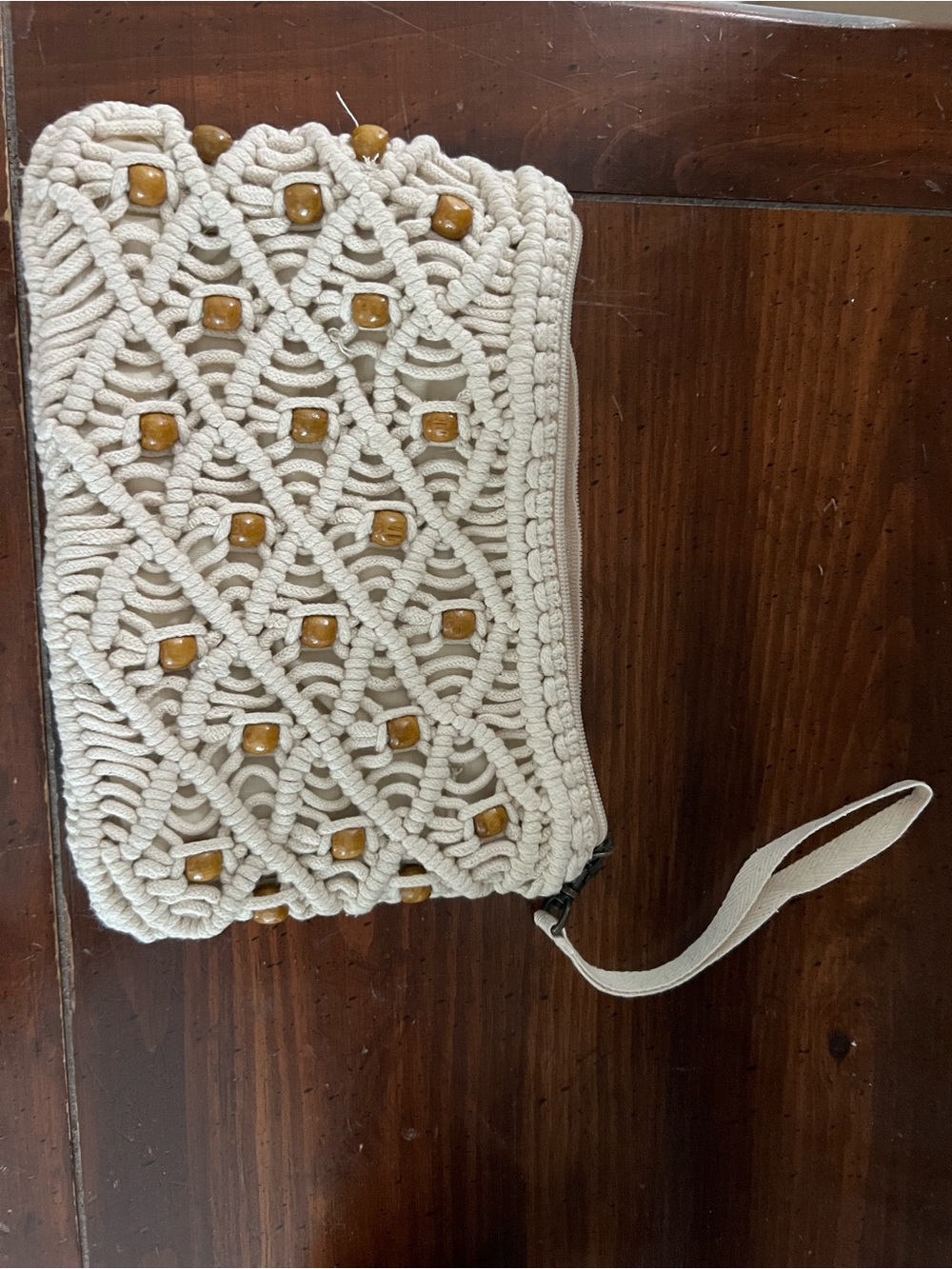 Handwoven Macramé Wristlet Clutch - Cream with wood beads